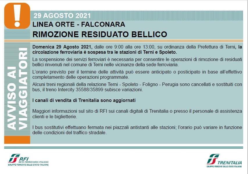 29 agosto 2021 Linea Orte – Falconara, rimozione residuato bellico